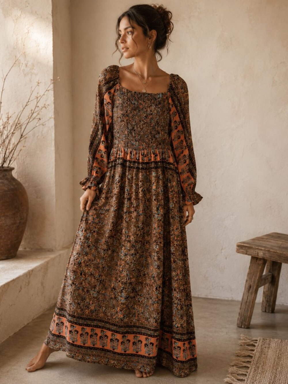 Paani Small Bohemian Maxi Dress Floral Smocked Peasant Sleeve Prairie Dress